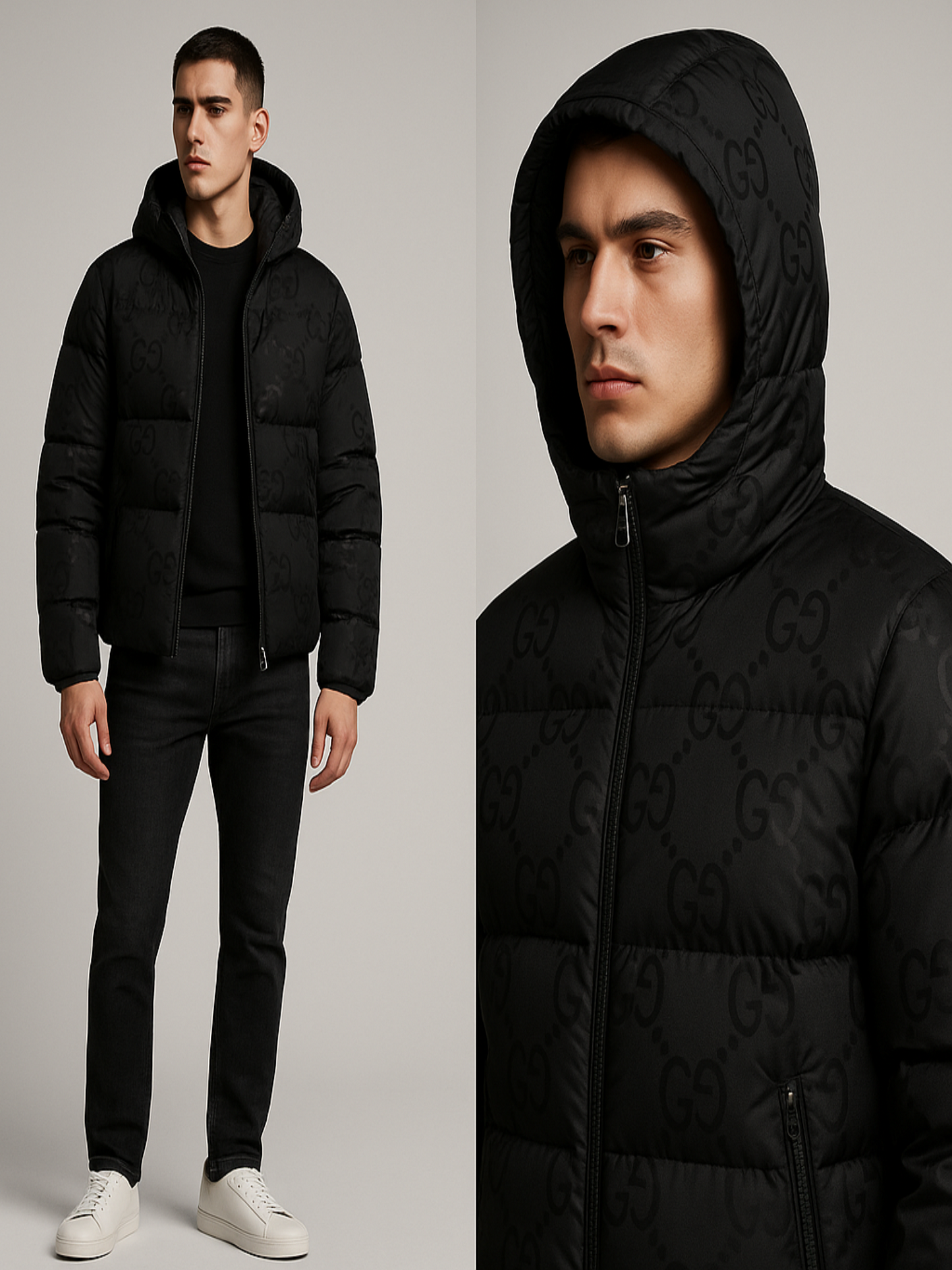 Doudoune à Capuche en nylon jacquard avec logo matelassé